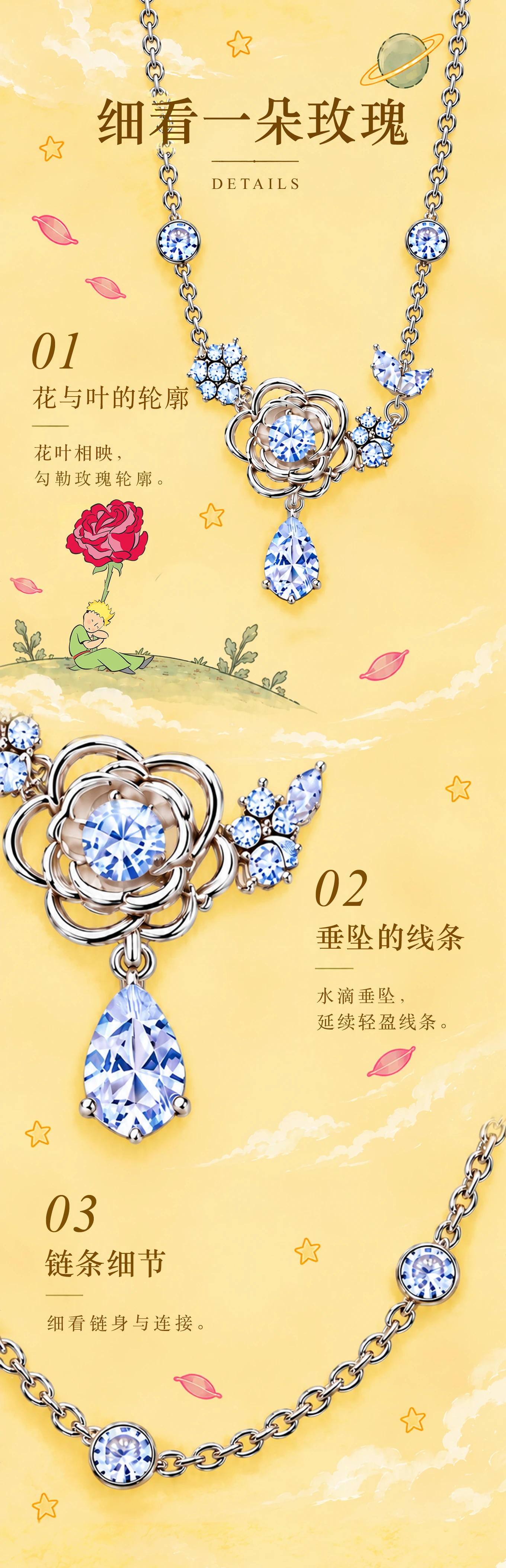 完整产品细节板块:玫瑰造型、水滴吊坠与链条的视觉展示